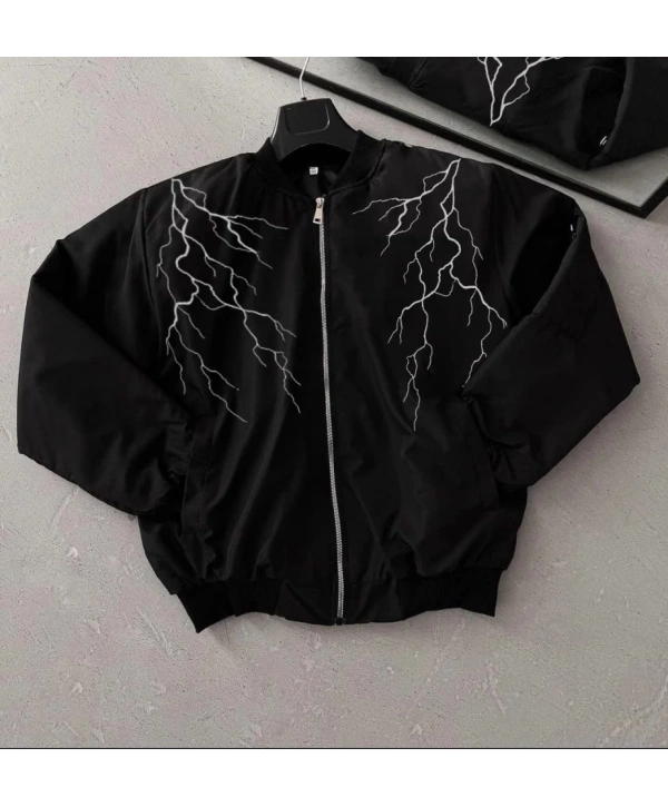 Yıldırım Baskılı Uzun Kol Bomber Ceket - Siyah