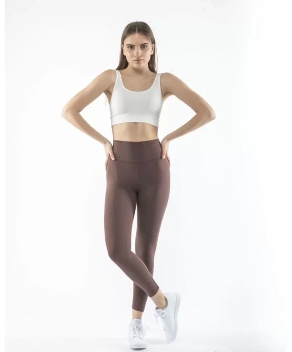 Yüksek Bel Sporcu Düz Tayt - Kahverengi