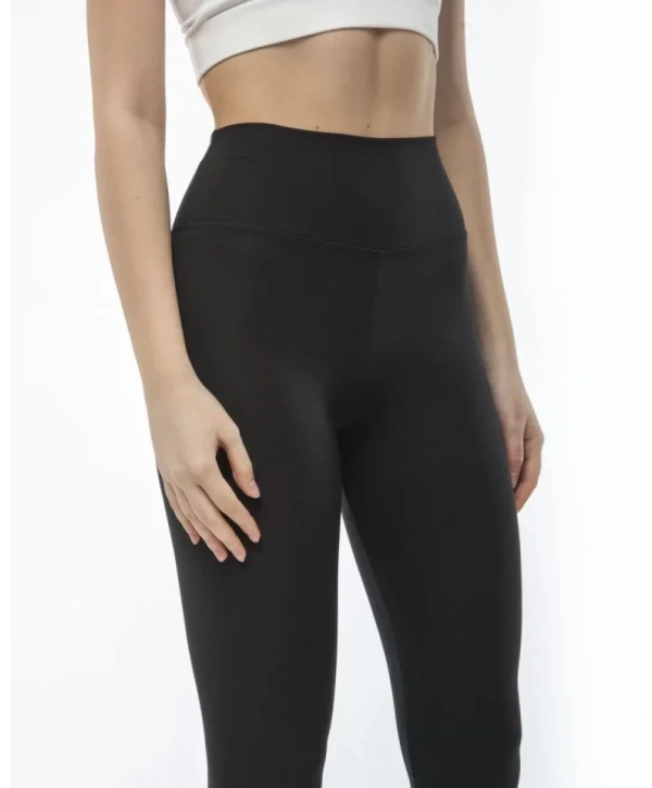 Yüksek Bel Sporcu Düz Tayt - Siyah