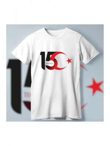 15 Temmuza Özel Tasarım Ay Yıldız Baskılı T-shirt - Beyaz