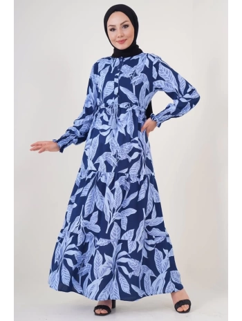 2145 Desenli Tesettür Elbise - Lacivert