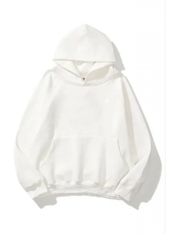 3 İplik Pamuklu Unisex Kapşonlu Sweetshirt - Beyaz