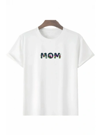 Anneler Gününe Özel Tasarım Mom Çiçek Baskılı T-shirt - Beyaz