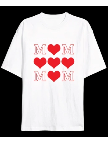 Anneler Gününe Özel Tasarım MOM Kalp Baskılı T-shirt - Beyaz