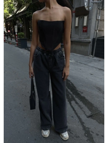 Arkadan Yırtmaçlı Jeans Kot Palazzo Pantolon - Siyah