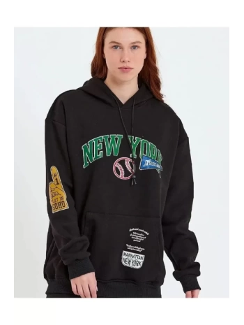 Baskılı Kapüşonlu Sweatshirt - Siyah