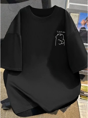 Baskılı Oversize Bisiklet Yaka T-shirt - Siyah