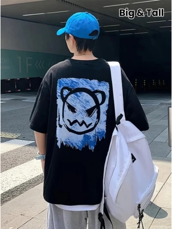 Baskılı Oversize Bisiklet Yaka T-shirt - Siyah