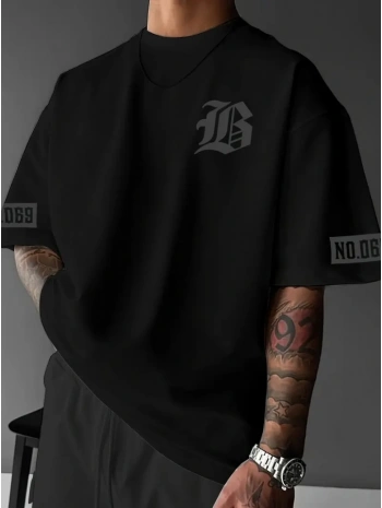 Baskılı Oversize Bisiklet Yaka T-shirt - Siyah