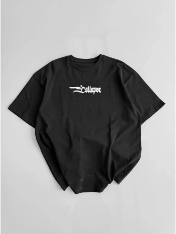 Baskılı Oversize Bisiklet Yaka T-shirt - Siyah