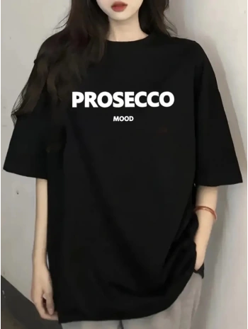 Baskılı Oversize Bisiklet Yaka T-shirt - Siyah