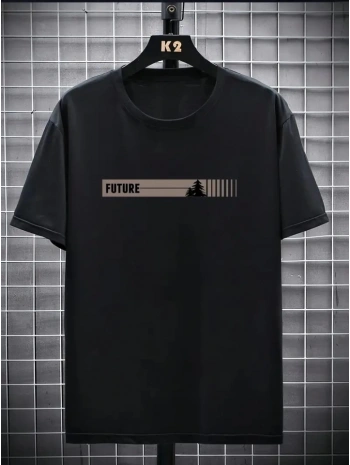 Baskılı Oversize Bisiklet Yaka T-shirt - Siyah