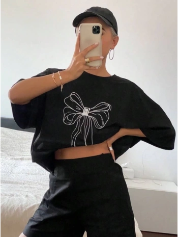 Baskılı Oversize T-shirt - Siyah