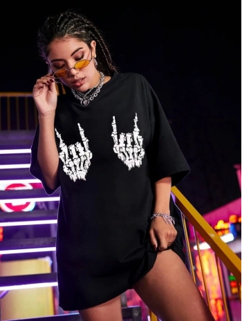 Baskılı Oversize T-shirt - Siyah