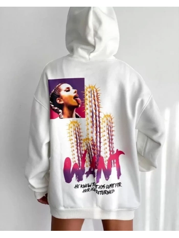 Baskılı Üç İplik Kapüşonlu Oversize Sweatshirt - Beyaz