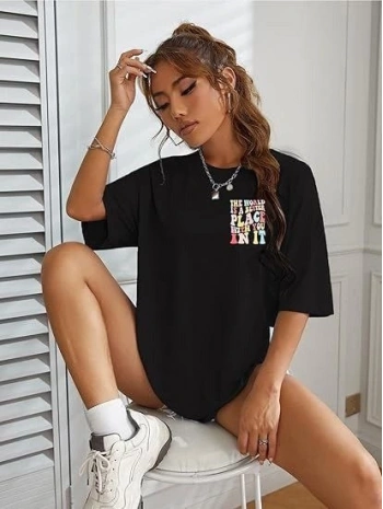 Bisiklet Yaka Baskılı T-shirt - Siyah