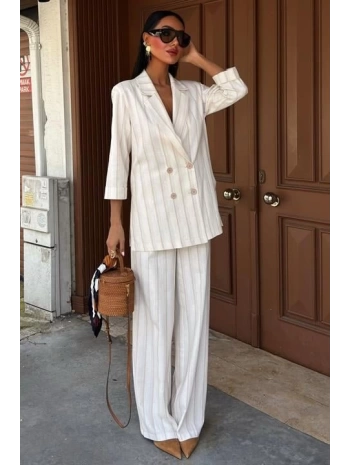 Blazer Ceketli Çizgili Keten Takım 10186