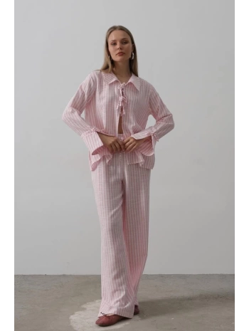 Çzgili Bağlamalı Pantolon Takım - Pembe