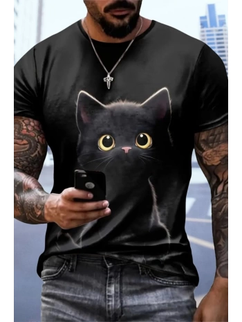 Erkek Bisiklet Yaka Kedi Baskılı Süprem T-shirt