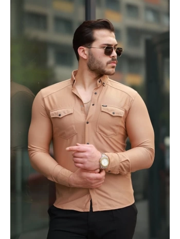Erkek çift Cepli çıtçıt Düğmeli Uzun Kollu Gömlek