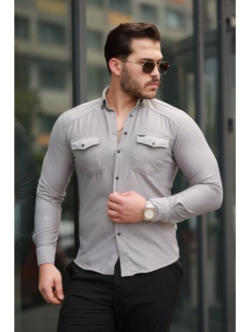 Erkek çift Cepli çıtçıt Düğmeli Uzun Kollu Gömlek