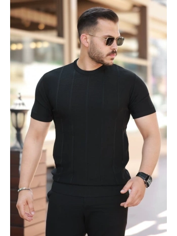 Erkek Desenli çizgi Kabartmalı Kısa Kollu Tişört