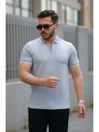 Erkek Fermuar Yakalı çizgi Detaylı Kısa Kollu Tişört