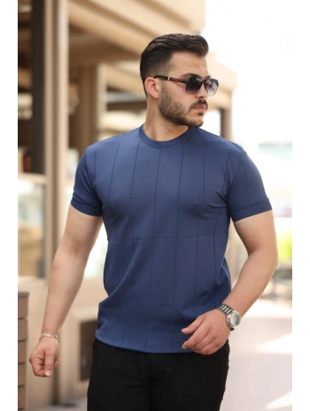 Erkek Ince çizgi Dokulu Bisiklet Yaka Kısa Kollu T-shirt