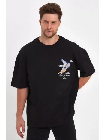 Erkek Melek Baskılı Oversize T-shirt - Siyah