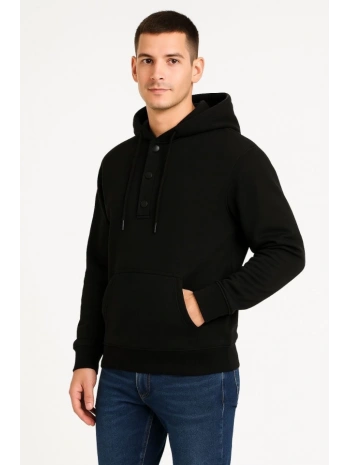 Erkek Ovarsize Kapüşonlu Swetshirt Kanguru Çepli Cıtcıtlı 3 Iplik Şardonlu Hoodie - Siyah