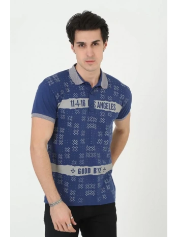 Erkek Yakalı Slim Fit Baskılı T-Shirt - Mavi