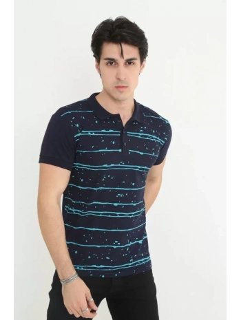 Erkek Yakalı Slim Fit Pike Çizgili T-Shirt - Lacivert