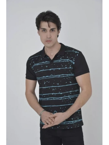 Erkek Yakalı Slim Fit Pike Çizgili T-Shirt - Siyah