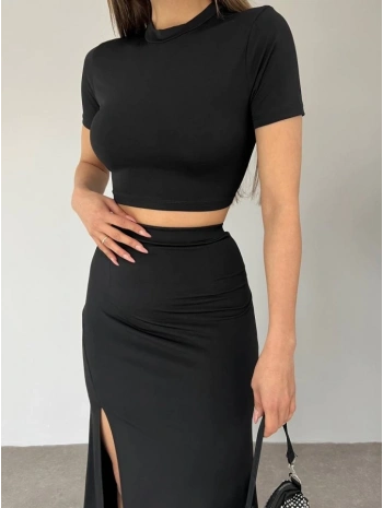 Eteği Yırtmaçlı Sandy Crop Takım -Siyah