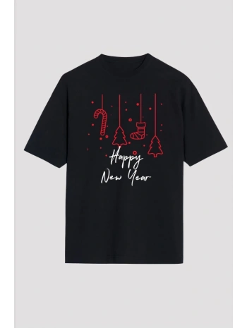 Happy New Year Baskılı T-shirt - Siyah