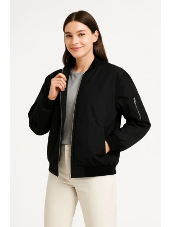 Içi Astarlı Fermuarlı Bomber Mont Ceket - Siyah