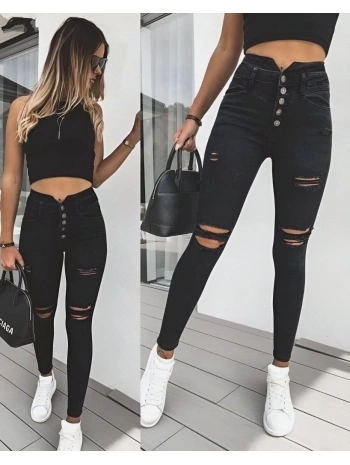 Kadın 5 Düğmeli V Detay Bel Yırtık Kot Pantolon