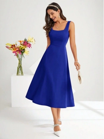 Kadın Askılı Kare Yakalı Midi Ithal Krep Elbise