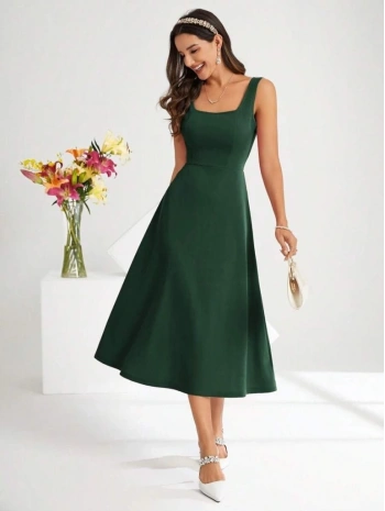 Kadın Askılı Kare Yakalı Midi Ithal Krep Elbise