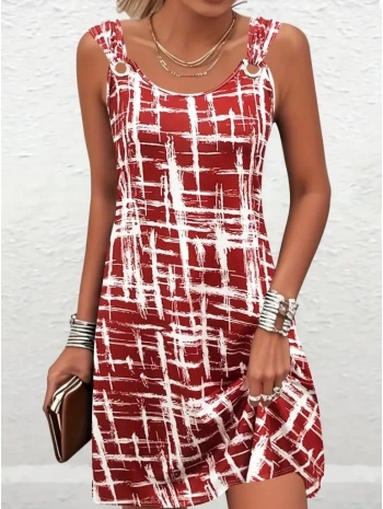 Kadın Askılı Kuş Gözü Detaylı Desenli Süprem Elbise