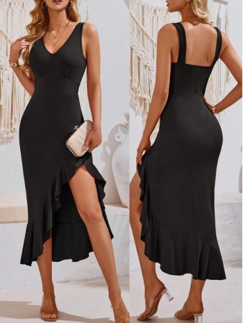 Kadın Askılı V Yakalı önden Fırfırlı Uzun Dalgıç Elbise