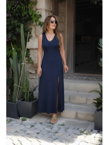 Kadın Askılı V Yakalı Yırtmaçlı Uzun Viskon Elbise