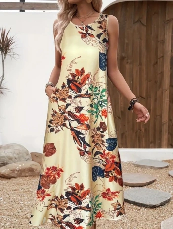 Kadın Askılı Yuvarlak Yaka Cepli Desenli Süprem Elbise