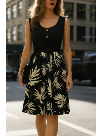 Kadın Askılı Yuvarlak Yaka Düğmeli üst Viskon Alt Desenli Süprem Elbise