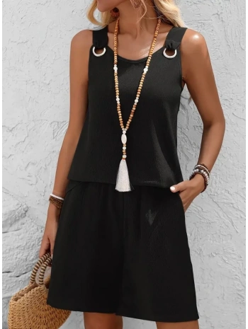 Kadın Askılı Yuvarlak Yaka Kuş Gözü Detaylı Bürümcük Bluz Ve Short Ikili Takım