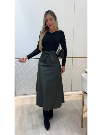 Kadın Belden Kuşaklı Uzun Deri Etek