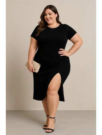Kadın Büyük Beden Kısa Kollu Yanı Yırtmaçlı Bisiklet Yaka Viskon Elbise