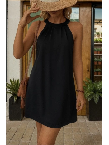 Kadın Daire Yakalı Omuzlardan Açık Sırt Dantel Detaylı Janjan Krep Elbise