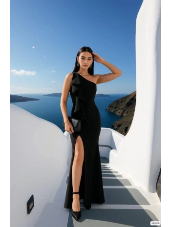 Kadın Dalgıç Kumaş Tek Omuz Yırtmaç Detaylı Maxi Boy Elbise