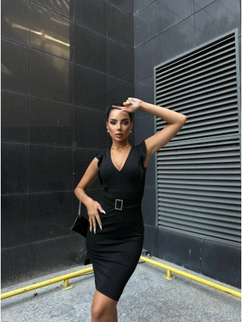 Kadın Derin V Dekolteli Omuzları Volan Detay Fırsat ürün Tokalı Elbise